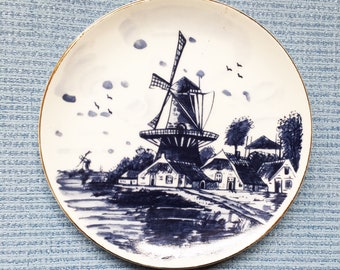 Vintage collectable plate, hand - decorated plate , windmill plate, wall art, vintage ceramic plate, ceramic plate art, wall plate