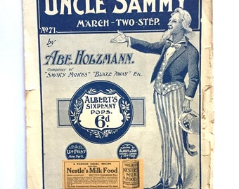 Vintage Music, vintage paper,  1904 Uncle Sammy March Two Step, ephemera, junk journal, mixed media, collage supplies, journal supplies