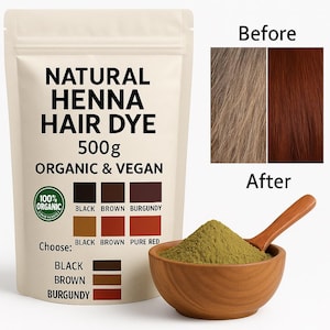Natural Henna Hair Dye for Gray Hair Coverage 500gram | Organic, Vegan & Cruelty-Free | Choose Black, Brown, Burgundy, or Pure Red