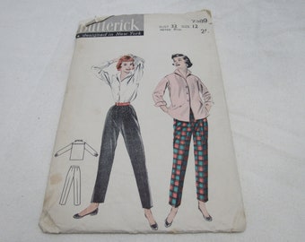 Original 1950's Vintage Butterick 7389 Ladies Slacks and Blouse Pattern