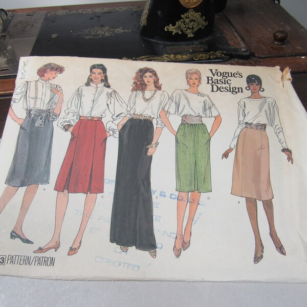 Original 1980's Vintage Vogue Pattern 1023 Ladies Skirt and Blouse Pattern