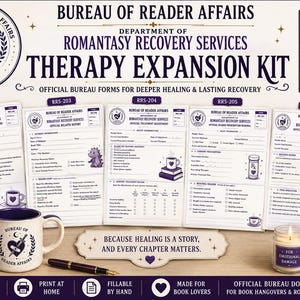 May include: A digital therapy expansion kit featuring six 8.5 x 11 inch official Bureau of Reader Affairs forms, a branded mug, a purple dragon plush, a stack of books, and a candle. The documents include text like Bureau of Reader Affairs.