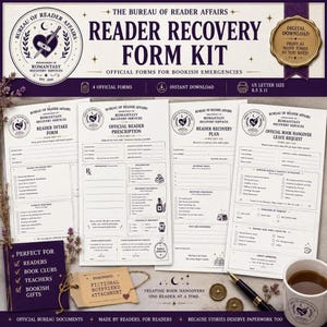May include: A digital download kit titled Bureau of Reader Affairs Reader Recovery Form Kit, featuring four official forms for bookish emergencies in US letter size 8.5 x 11 inches. The set includes a reader intake form, prescription, recovery plan, and book hangover leave request, all printed in dark purple ink on a light background.