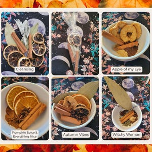 Pode incluir: Uma colagem de seis imagens com frutas secas, paus de canela e especiarias dispostas em pequenas tigelas brancas. As imagens são rotuladas com texto como "Cleansing", "Apple of my Eye" e "Autumn Vibes". O fundo é decorado com folhas de outono.