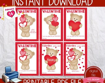 Kids Valentine Cards, Bear Valentine Cards, Kids Printable Valentine Cards, Instant Download Valentine Card, Printable PDF file