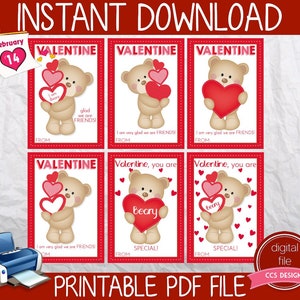 Tarjetas de San Valentín para niños, tarjetas de San Valentín de oso, tarjetas de San Valentín imprimibles para niños, tarjeta de San Valentín de descarga instantánea, archivo PDF imprimible