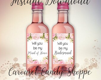 Will you be my Bridesmaid Mini Wine Bottle Labels, Pink Peony - DIY Print, Printable PDF