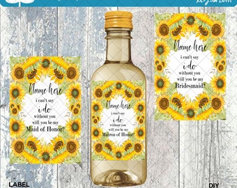 Wedding Bridal Shower Party Mini Wine Bottle Labels, Customized - Sunflower Theme, Mini Bottle Labels - DIY Print, Printable PDF