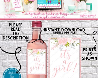 Pink Floral Its a Girl Baby Shower Mini Wine Bottle Labels, DIY Print, Digital Printable PDF Instant Download