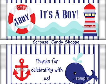 Nautical Blue Stripe Baby Boy Baby Shower Candy Bar Wrappers Instant Download Printable