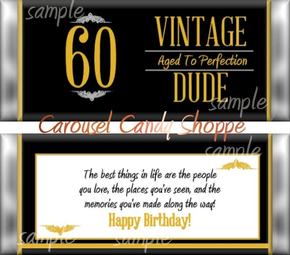 Vintage Dude 60th Birthday Party Favors Hershey's Candy Bar Wrappers - Digital PDF File Instant Download