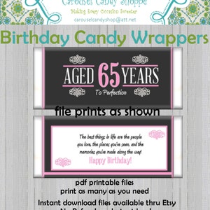 65th Birthday Party Favors Hershey&#39;s Candy Bar Wrappers Pink Digital PDF File Instant Download