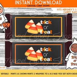 Puede incluir: Envoltorios de barra de caramelo de Halloween imprimibles con un fantasma y maíz dulce con el texto "Trick or Treat". Los envoltorios están diseñados para adaptarse a las barras de caramelo Hershey's de 1,55 oz.