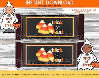 Candy Corn Trick or Treat Printable Candy Bar Wrappers Halloween Candy Favors, Digital PDF File Instant Download