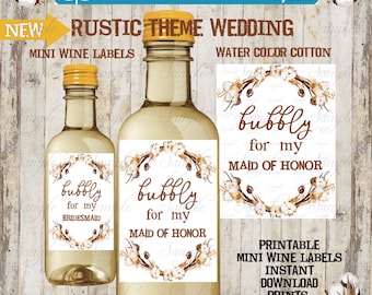 RUSTIC Watercolor Cotton, Country, Barn Theme Bridal Shower Mini Wine/Champagne Labels, DIY Printable Wine Labels, Small Wine Labels