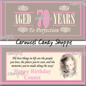 70th Birthday Party Favors Hershey's Candy Bar Wrappers Pink With Photo Printable DIY