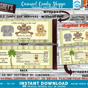 May include: Printable candy bar wrappers with a jungle theme. The front features an elephant, monkey, and lion with the text "A little monkey is on the way!" and "Thanks for sharing our special day!" The back includes a nutrition information section.