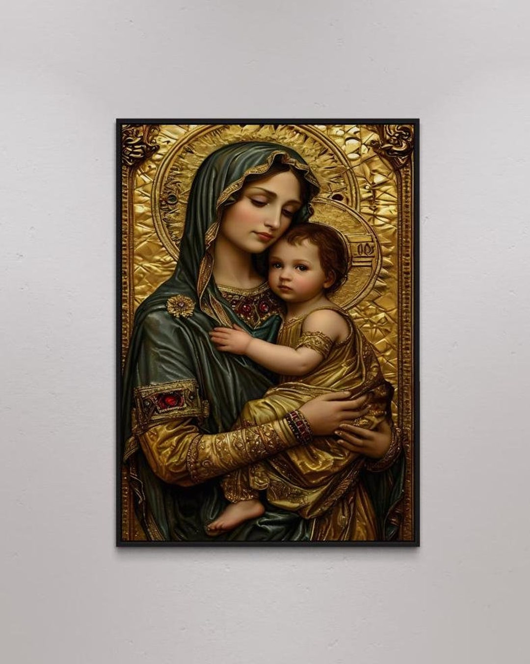 Virgin Mary With Child Jesus Canvas Wall Art - Gold Religious Artwork ...