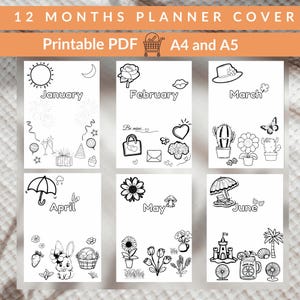 Zestaw stron tytułowych na 12 miesięcy, miesięczna strona tytułowa do dziennika Bullet Journal do druku, szablon wkładki do planera dziennika w formacie A5 i A4 do kolorowania, wkładki do druku