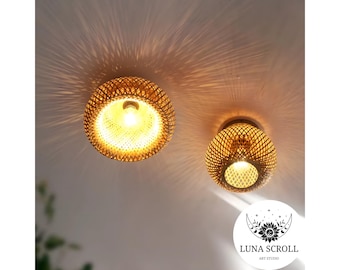 Lámpara de techo de bambú tejida a mano, iluminación ambiental rústica, lámpara colgante minimalista natural, lámpara de techo acogedora para dormitorio, ecológica