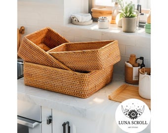 Cesta de almacenamiento de ratán tejida a mano / Bandeja rectangular de mimbre / Almacenamiento para el hogar / Organizador de baño, maquillaje, ropa y sala de estar