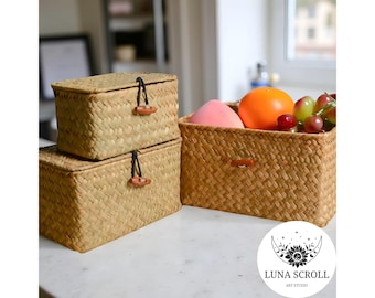 Handmade Seagrass Rattan Storage Trunk • Large Decorative Basket with Lid • Natural Fiber Boho Organizer • Rustic Storage Box for Home Decor