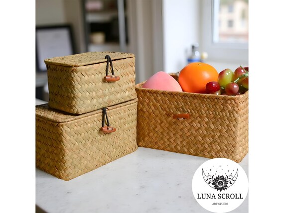 Handmade Seagrass Rattan Storage Trunk • Large Decorative Basket with Lid • Natural Fiber Boho Organizer • Rustic Storage Box for Home Decor