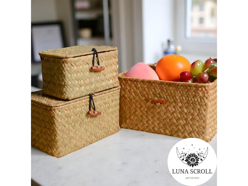 Puede incluir: Cestas de almacenamiento rectangulares tejidas en tonos naturales. Dos cajas con tapa y cierres de palanca de madera est&aacute;n apiladas junto a una cesta abierta m&aacute;s grande llena de fruta. Las cestas est&aacute;n hechas de un material tejido marr&oacute;n claro.