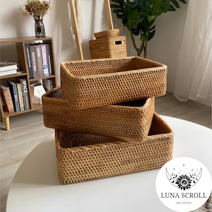 Handwoven Rattan Storage Basket | Rectangular Wicker Tray | Storage for Home | Bathroom, Makeup, Clothes and Living Room Organizer
