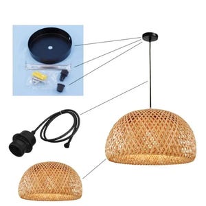 May include: A black pendant light fixture with a woven bamboo shade. The fixture includes a black cord, a black socket, and a black ceiling mount.
