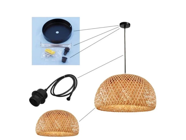 May include: A black pendant light fixture with a woven bamboo shade. The fixture includes a black cord, a black socket, and a black ceiling mount.