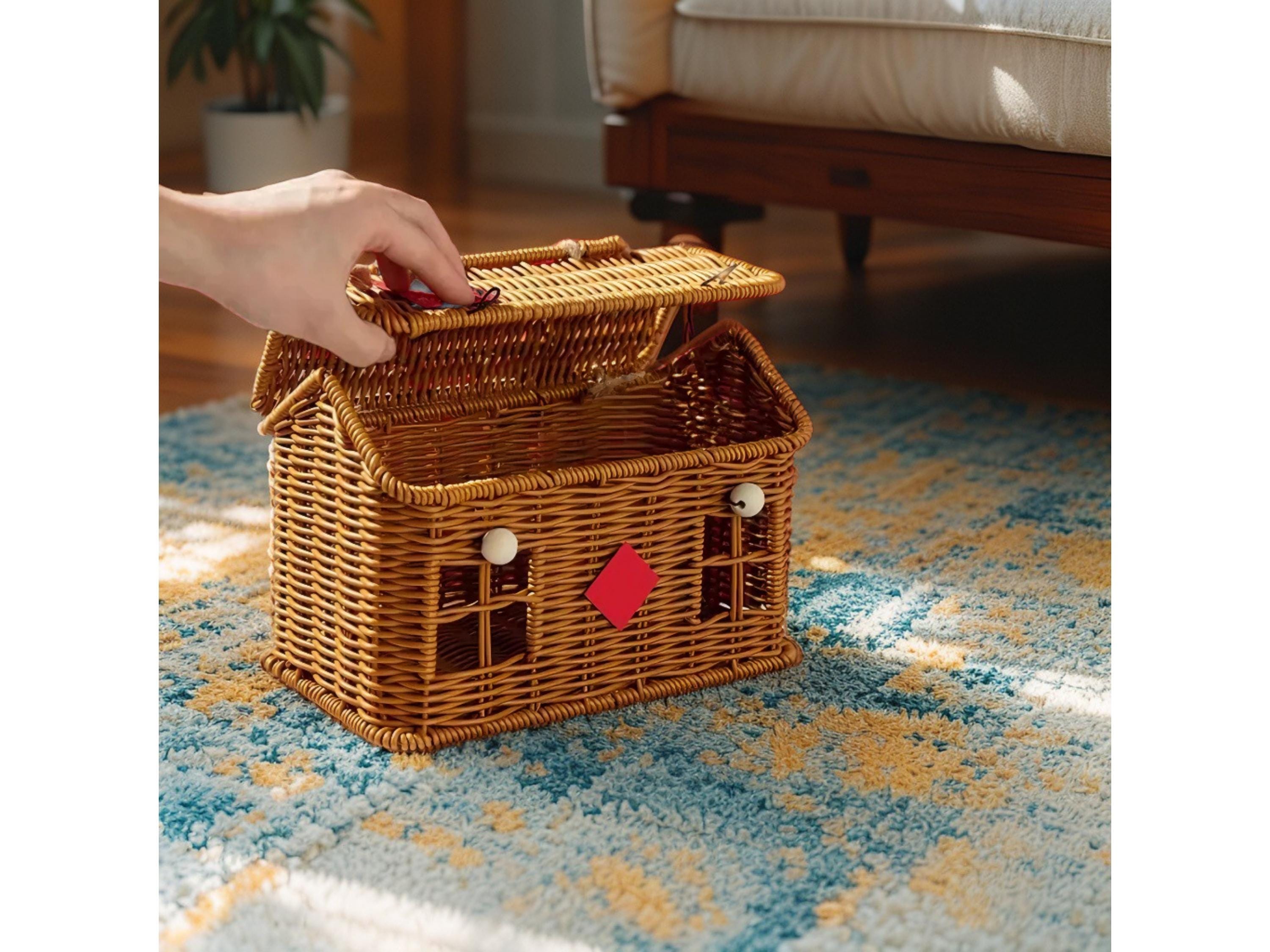 Panier en forme de maison en rotin avec couvercle, organisateur d'étagère décoratif tissé à la main avec poignée pliante, Harv | FR