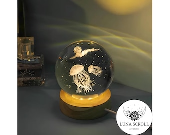 Jellyfish Globe Lamp | Moon & Ocean Inspired Night Light | Glass Sphere Desk Lamp | Cute Astronomy Room Decor And Holiday Gift