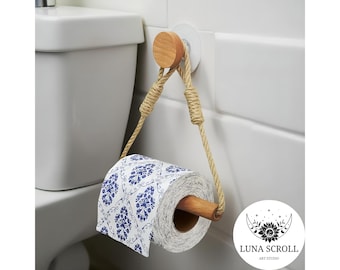 Hemp Rope Toilet Paper Holder • Wall Mounted Wooden Tissue Holder • Rustic Bathroom Accessories • Washroom Towel Rack Decor