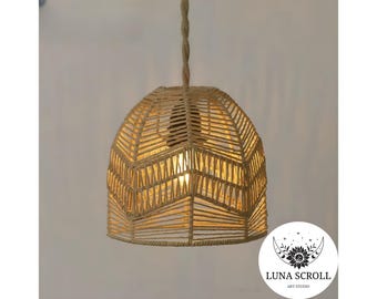 Handwoven Bamboo Pendant Light | Natural Rattan Wicker Lantern Lamp Shade | Rustic Boho Chandelier | Farmhouse Ceiling Lighting