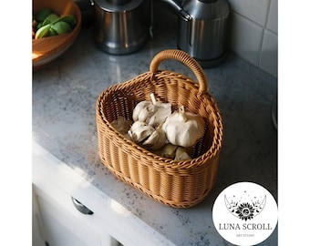 Cesta de ratán para colgar en la pared • Almacenamiento colgante de frutas y verduras • Organizador de plástico tejido para decoración de cocina y exhibición en la pared del hogar