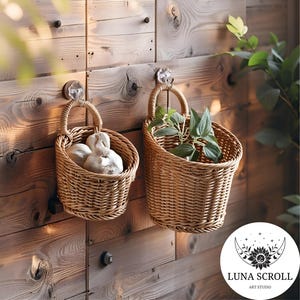 Wall Mounted Wicker Basket • Handwoven Vegetable & Fruit Storage Organizer • Rustic Rattan Hanging Basket for Kitchen Home Decor