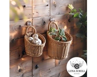 Cesta de mimbre para pared • Organizador de almacenamiento de frutas y verduras tejido a mano • Cesta colgante rústica de ratán para la decoración del hogar y la cocina
