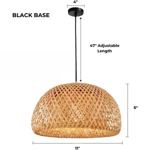 May include: A woven bamboo pendant light with a black base and a 47-inch adjustable cord. The light fixture is 11 inches wide and 6 inches tall.
