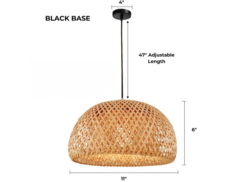 May include: A woven bamboo pendant light with a black base and a 47-inch adjustable cord. The light fixture is 11 inches wide and 6 inches tall.