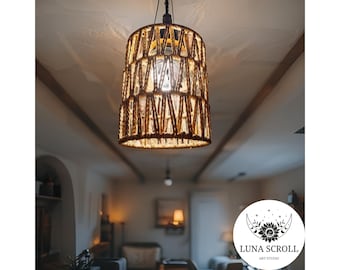 Handwoven Asian Rattan Pendant Light • Natural Wicker Ceiling Lamp Shade • Boho Hanging Light Fixture for Living Room Home Decor