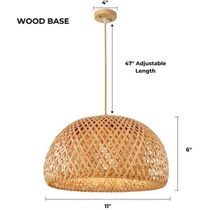 May include: A natural woven bamboo pendant light with a 47-inch adjustable cord and a 6-inch diameter. The light has a 11-inch diameter and a wood base.