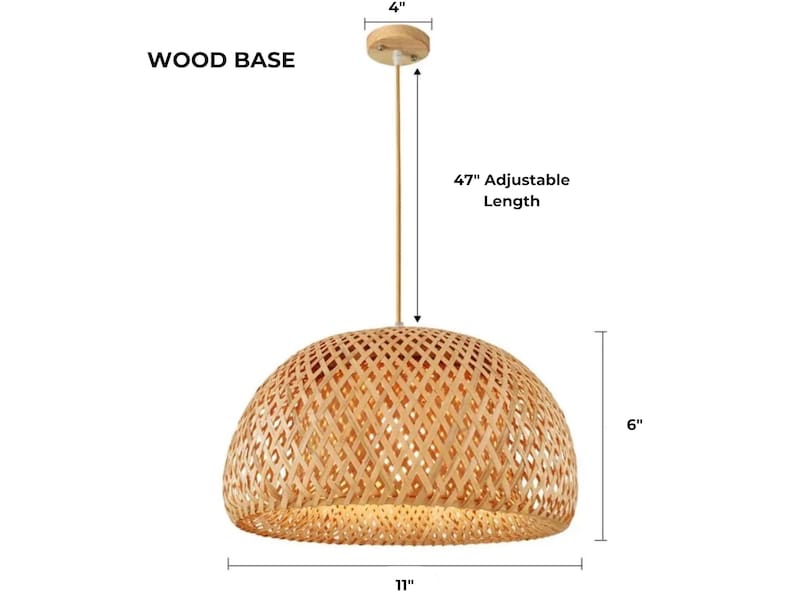 May include: A natural woven bamboo pendant light with a 47-inch adjustable cord and a 6-inch diameter. The light has a 11-inch diameter and a wood base.