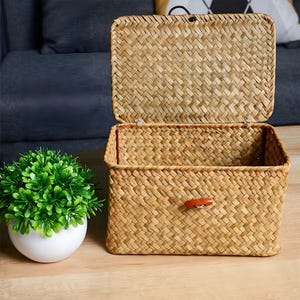 Puede incluir: Una cesta de almacenamiento rectangular tejida con tapa con bisagras abierta. La cesta est&aacute; hecha de material tejido de color natural y presenta una peque&ntilde;a leng&uuml;eta de cuero en la parte delantera. A la izquierda hay una peque&ntilde;a planta verde en una maceta blanca.