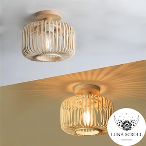 Handmade Bamboo Pendant Light | Asian Ceiling Lamp | Decorative Hanging Chandelier | Woven Cage Light Fixture | Boho Home Lighting Decor