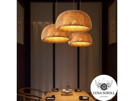 Bamboo Lustre Chandelier | Boho Bamboo Hanging Lamp | Handmade Rattan Lampshade | Bohemian Ceiling Light Fixture | Rustic Home Decor