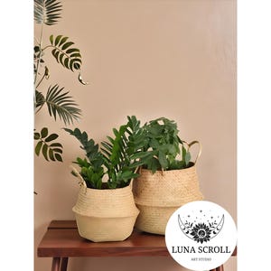 Może przedstawiać: Dwa plecione kosze ze słomy z zielonymi roślinami w środku stoją na drewnianej ławce. Kosze mają uchwyty i są różnej wielkości. Tło jest jednolite, jasnobrązowe. Logo Luna Scroll Art Studio znajduje się w prawym dolnym rogu.