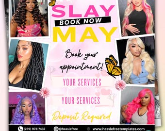 Może przedstawiać: Różowa i żółta ulotka z tekstem "SLAY BOOK NOW MAY" dużymi, pogrubionymi literami. Ulotka zawiera również tekst "Book your appointment!" i "Deposit Required". Na ulotce znajdują się zdjęcia kobiet z różnymi fryzurami.