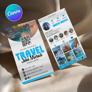 Cartão de visita de agente de viagens, cartão de visita para Instagram para impressão, modelo de cartão de visita com código QR, modelo Canva, editável, download instantâneo