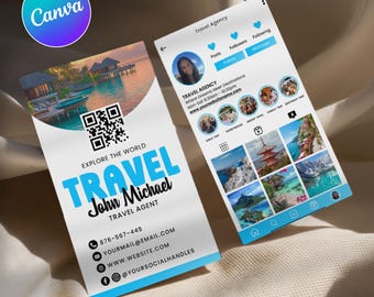 Travel Agent Business Card, Printable Instagram Business Card, QR Code Business Card Template, Canva Template, Editable, Instant Download